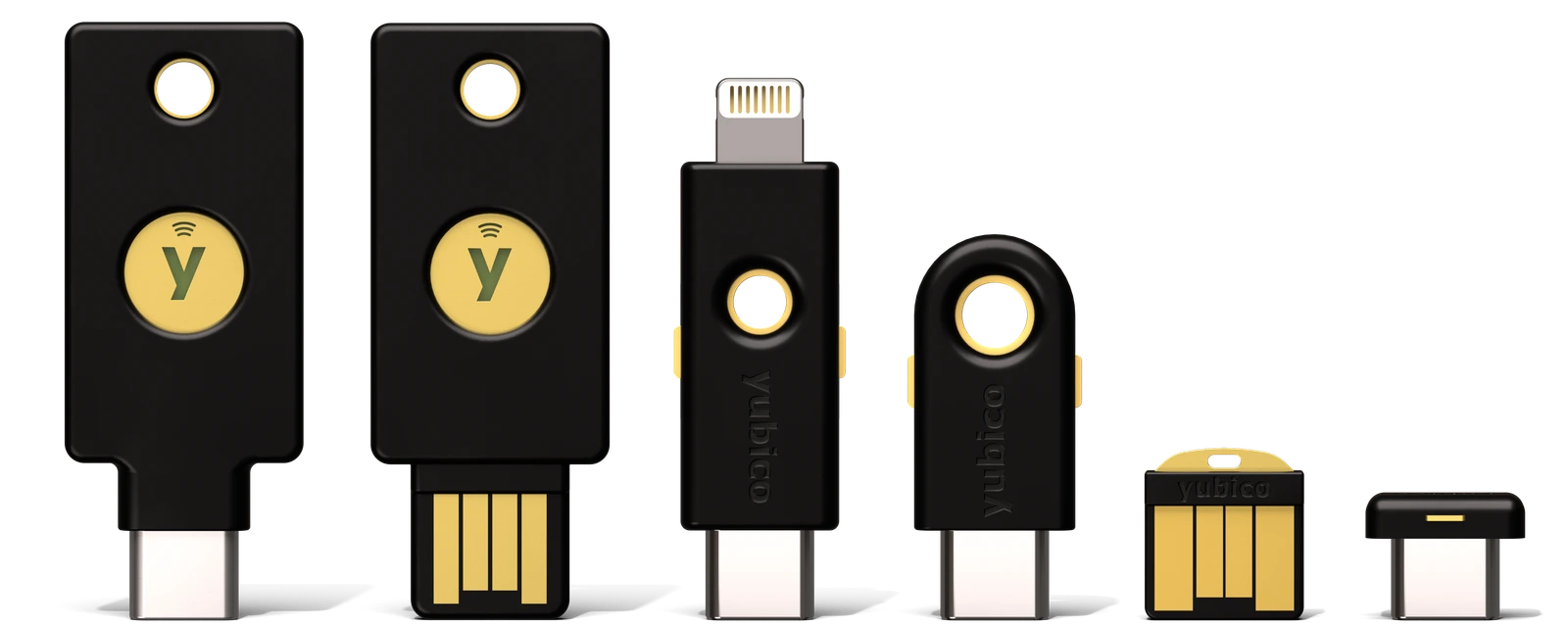 Šest izvedbi YubiKey 5 serije u nizu: 5C NFC, 5 NFC, 5Ci, 5C, 5 Nano i 5C Nano