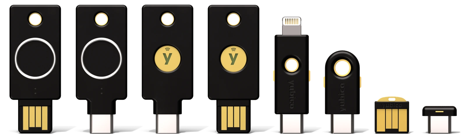 Osam modela YubiKey ključeva u nizu: Bio USB-A i USB-C, 5C NFC, 5 NFC, 5Ci, 5C, 5 Nano i 5C Nano